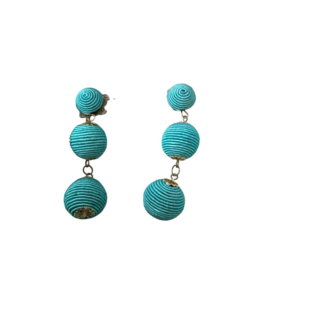 Turquoise Blue Thread Wrapped Tiered Ball Drop Statement Earrings Gold Tone
